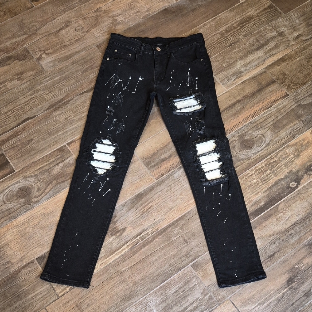 Men's Black & White Distressed Patch Ripped Stretch Straight Leg Jeans, 28x29